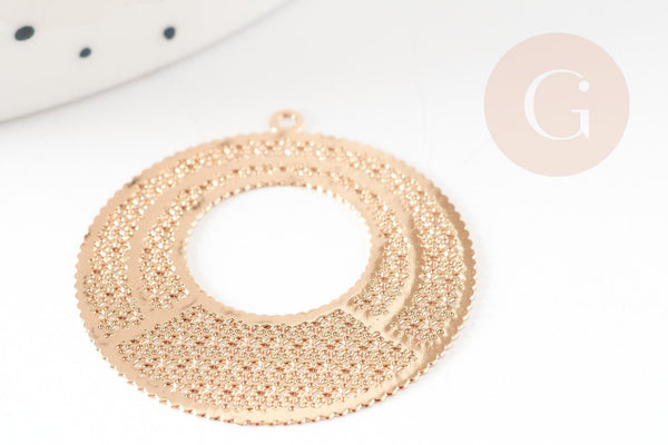 Pendentif estampe filigrane rond dentelle évidé laiton doré 33mm, Pendentif très fin et léger pour création de bijoux, x2 G9277