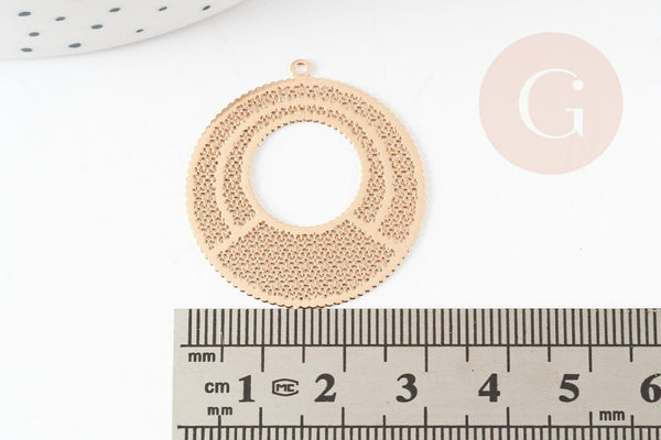 Pendentif estampe filigrane rond dentelle évidé laiton doré 33mm, Pendentif très fin et léger pour création de bijoux, x2 G9277