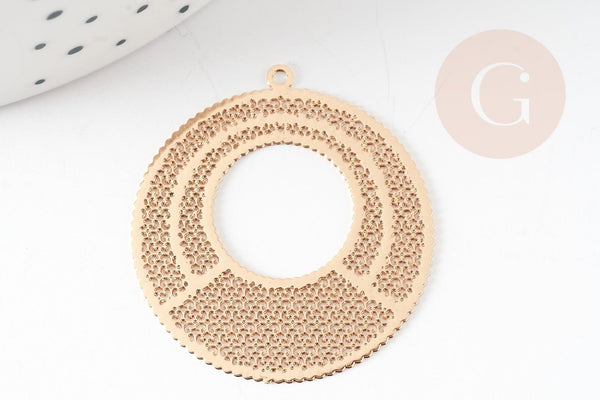 Pendentif estampe filigrane rond dentelle évidé laiton doré 33mm, Pendentif très fin et léger pour création de bijoux, x2 G9277