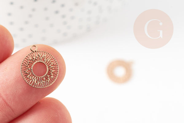 Pendentif estampe filigrane rond évidé motif géométrique laiton doré clair 14mm, Pendentif léger création bijoux or, x2 (G9294)