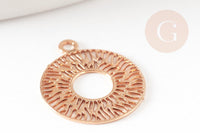 Pendentif estampe filigrane rond évidé motif géométrique laiton doré clair 14mm, Pendentif léger création bijoux or, x2 (G9294)