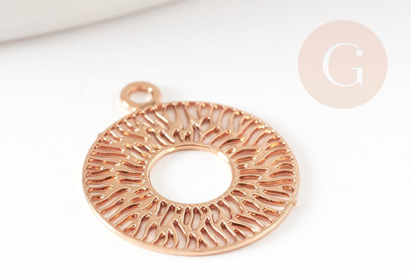Pendentif estampe filigrane rond évidé motif géométrique laiton doré clair 14mm, Pendentif léger création bijoux or, x2 (G9294)