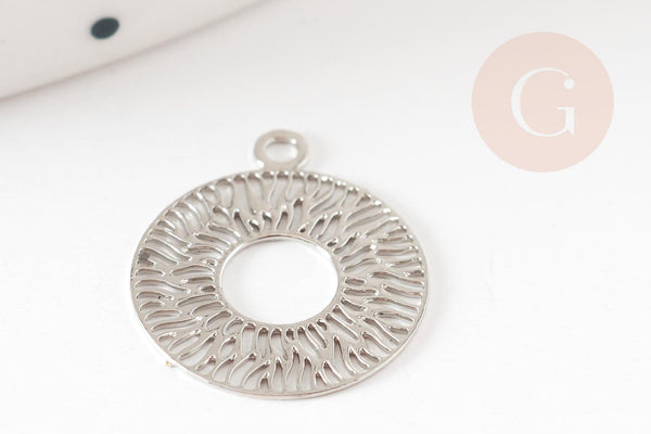 Pendentif estampe filigrane rond évidé motif géométrique laiton platine 14mm, Pendentif léger création bijoux argent, x2 (G9295)