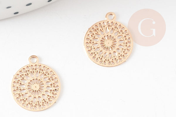 Pendentif estampe filigrane rond fleur dentelle laiton doré clair 14mm, x2 (G9290)