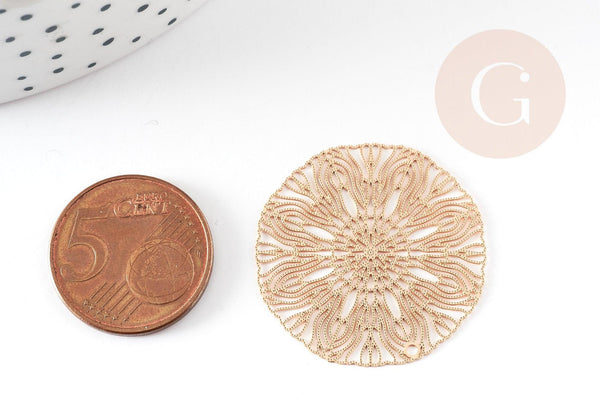 Pendentif estampe filigrane rond fleur laiton doré 30mm, Pendentif très fin et léger pour création de bijoux DIY x2 G9205