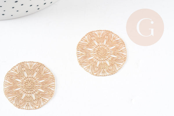 Pendentif estampe filigrane rond fleur laiton doré 30mm, Pendentif très fin et léger pour création de bijoux DIY x2 G9205