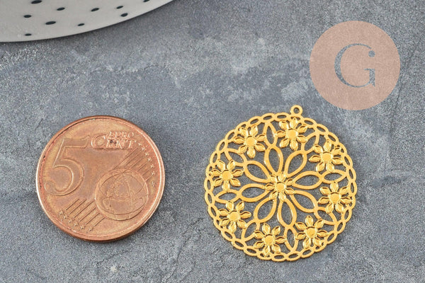 Pendentif estampe filigrane rond fleur laiton doré ou argenté 28mm, Pendentif très fin et léger pour création de bijoux, x2 (G9505)