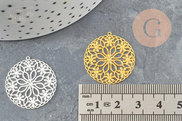 Pendentif estampe filigrane rond fleur laiton doré ou argenté 28mm, Pendentif très fin et léger pour création de bijoux, x2 (G9505)