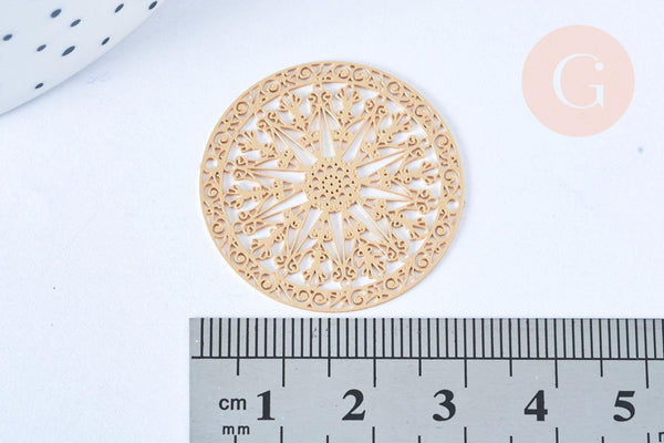 Pendentif estampe filigrane rond flocon de neige laiton doré, Pendentif très fin et léger, 20mm,x2 G5501