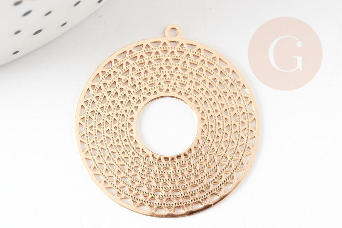 Pendentif estampe filigrane rond géométrique évidé laiton doré 32.5mm, Pendentif très fin et léger pour création de bijoux, x2 G9274