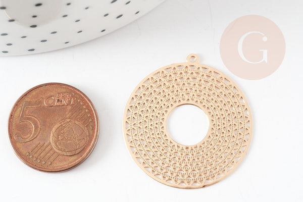 Pendentif estampe filigrane rond géométrique évidé laiton doré 32.5mm, Pendentif très fin et léger pour création de bijoux, x2 G9274