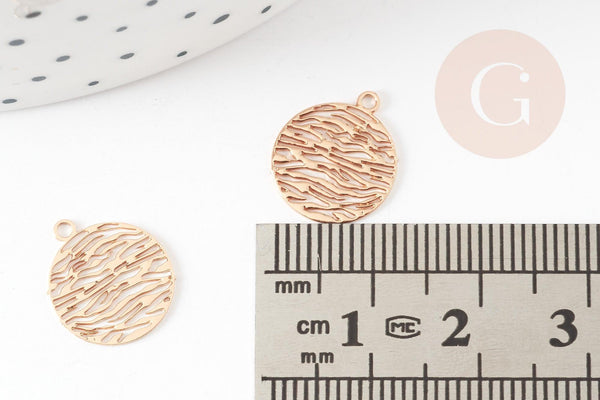 Pendentif estampe filigrane rond motif vagues laiton doré clair 14mm, Pendentif léger pour création bijoux or, x2 (G9293)