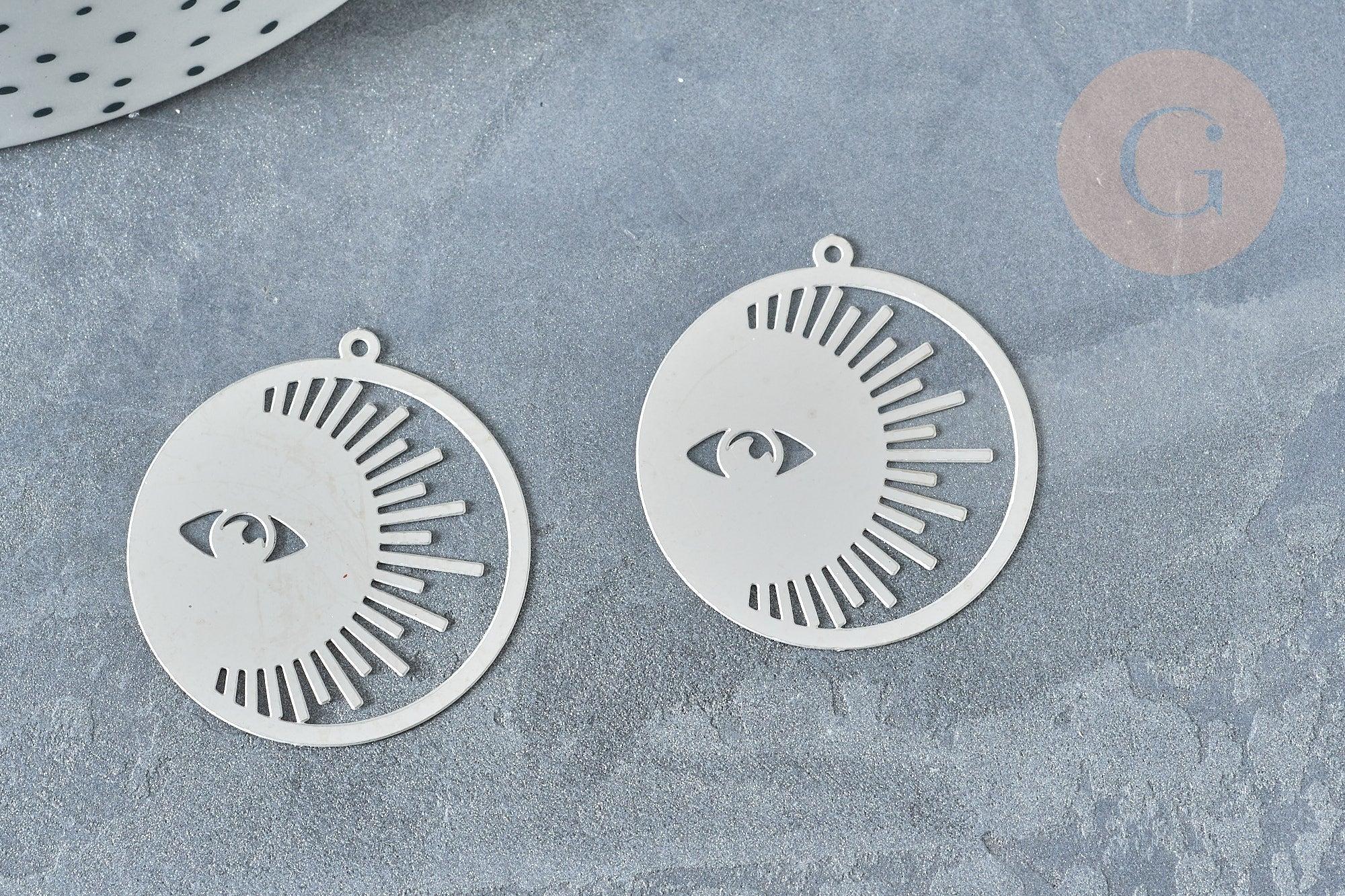 Pendentif estampe filigrane soleil acier 201 inoxydable platine 32.5mm x2 (G8019)