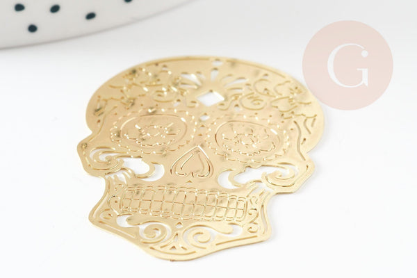 Pendentif estampe filigrane tête de mort laiton doré, Pendentif très fin et léger, 46 x 34 mm, x2 (G3697)