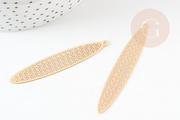 Pendentif estampe ovale motif géométrique laiton dore 61mm,breloque sans nickel pour création bijoux x2 (G9306)