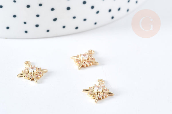 Pendentif étoile du nord laiton doré 14K cristal zircon blanc 14mm, pendentif doré création bijou, x1 (G8576)