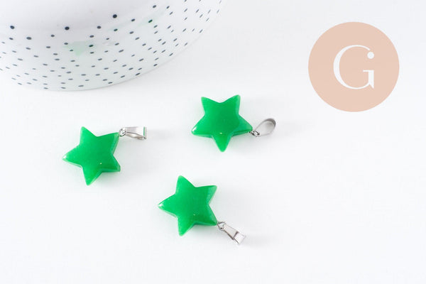 Pendentif étoile jade naturel vert acier inoxydable platine 22mm, x1 (G10072)