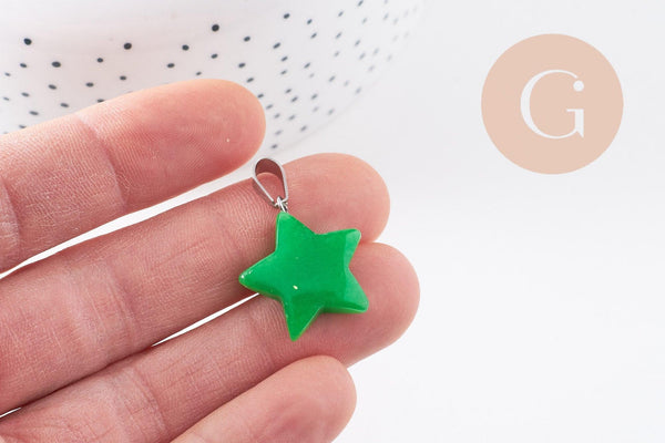 Pendentif étoile jade naturel vert acier inoxydable platine 22mm, x1 (G10072)