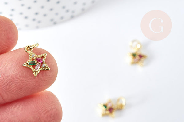 Pendentif étoile laiton doré 18K cristal zircon multicolore 12mm, x1 G8579