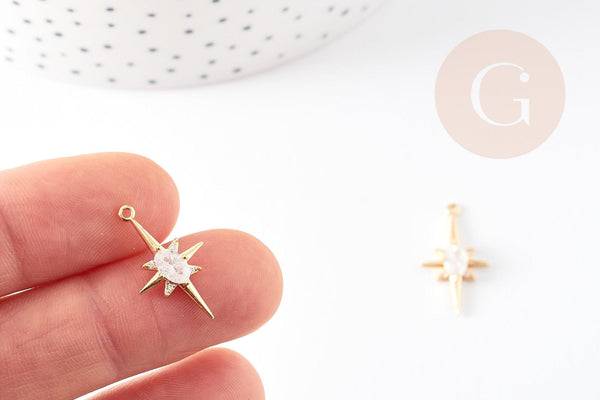 Pendentif étoile laiton doré 18K zircon, pendentif doré,porte-bonheur,bijou constellation,création bijoux,21.5mm, x1 G5246