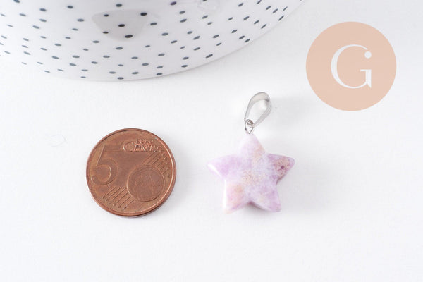 Pendentif étoile lépidolite naturelle violette acier inoxydable platine 22mm, x1 (G10071)