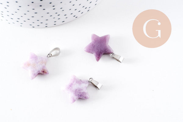 Pendentif étoile lépidolite naturelle violette acier inoxydable platine 22mm, x1 (G10071)