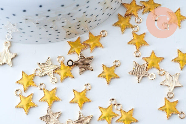 Pendentif étoile zamac doré résine jaune 15mm, x5 (G6107)