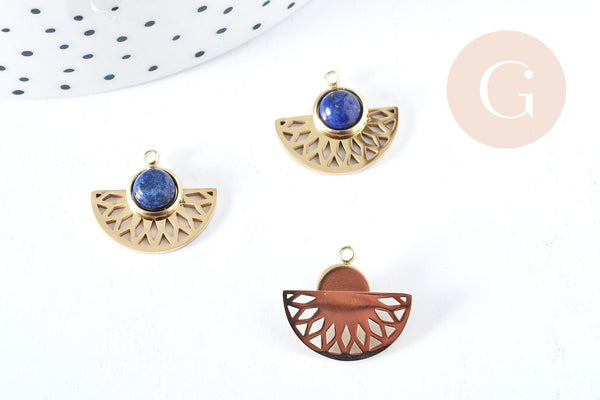 Pendentif éventail acier 304 inoxydable dore IP pierre de synthèse 18mm, x1 (G8821)