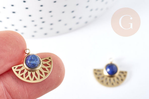 Pendentif éventail acier 304 inoxydable dore IP pierre de synthèse 18mm, x1 (G8821)