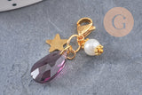 Pendentif fermoir cristal facetté acier inoxydable doré 34mm, pendentif perle en verre, fabrication de porte clés, x1 (G7102)