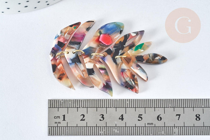 Pendentif feuille acétate multicolore laiton doré 65mm, création bijoux plastique, x1 (G7471)