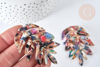Pendentif feuille acétate multicolore laiton doré 65mm, création bijoux plastique, x1 (G7471)