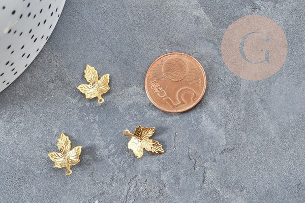 Pendentif feuille d'érable en acier 304 inoxydable doré 15mm, x5 (G4610)