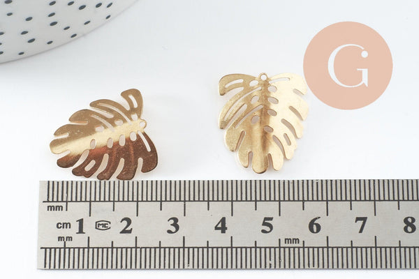 Pendentif feuille laiton, breloque laiton brut, bijou laiton,feuille monstera, bijoux,pendentif laiton brut,,22mm, x2 (G0912)