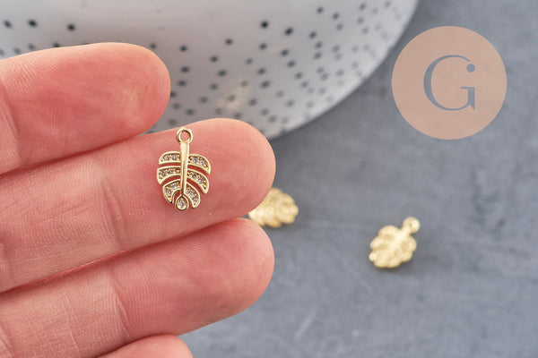 Pendentif feuille laiton doré zircon 14mm, X2 (G9840)