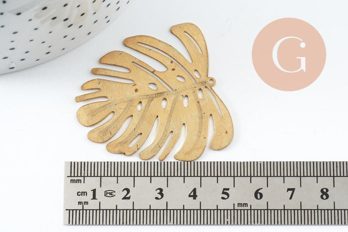 Pendentif feuille laiton,fourniture bijou,breloque laiton brut,bijou laiton,feuille monstera 45mm, x1 (G0917)