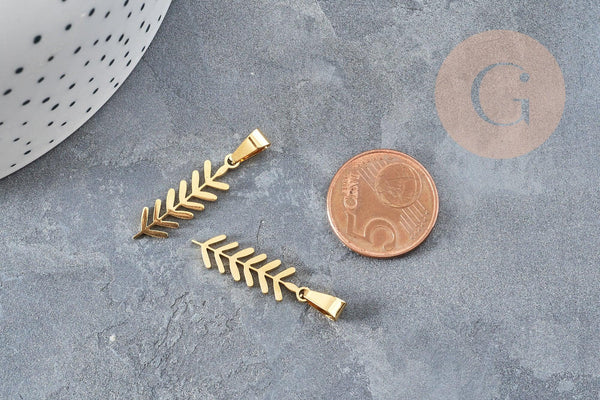 Pendentif feuille laurier acier doré 304 inoxydable 25.5mm, bijou en acier hypoallergénique x1 (G4763)