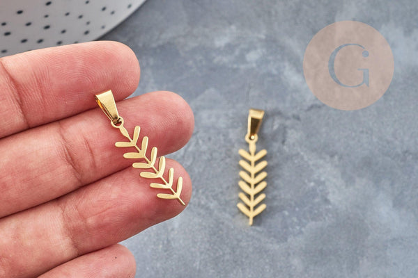 Pendentif feuille laurier acier doré 304 inoxydable 25.5mm, bijou en acier hypoallergénique x1 (G4763)