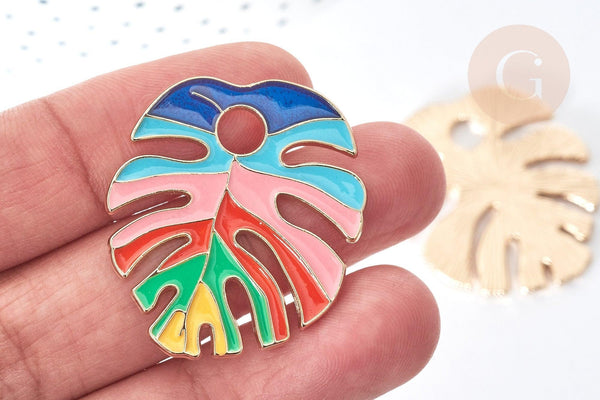 Pendentif feuille monstera zamac doré émaux colorés 33.5x30mm, Pendentif très fin et léger pour création de bijoux, x1 G8083