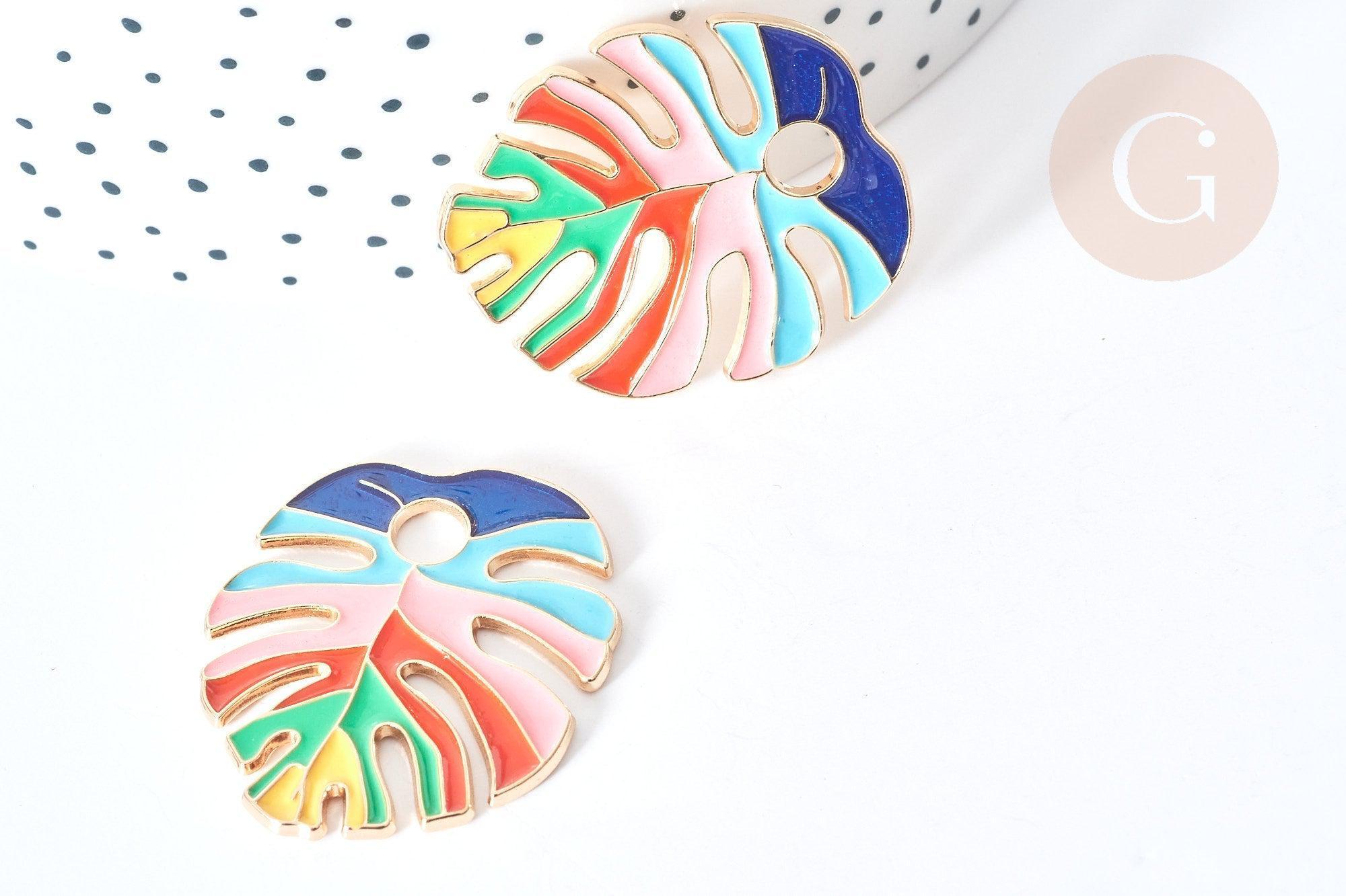 Pendentif feuille monstera zamac doré émaux colorés 33.5x30mm, Pendentif très fin et léger pour création de bijoux, x1 G8083