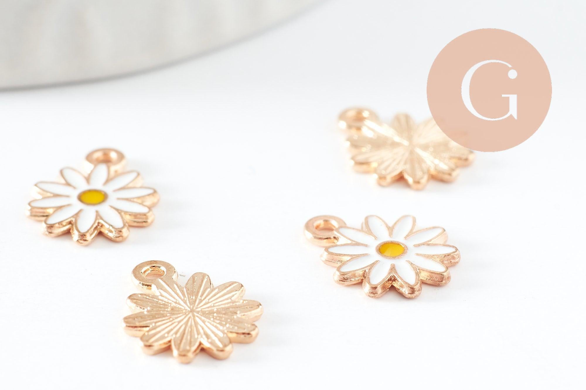 Pendentif fleur Marguerite doré émaillé zamac doré 13mm, x5 (G3967)