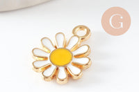 Pendentif fleur Marguerite doré émaillé zamac doré 14mm, x2 (G3657)