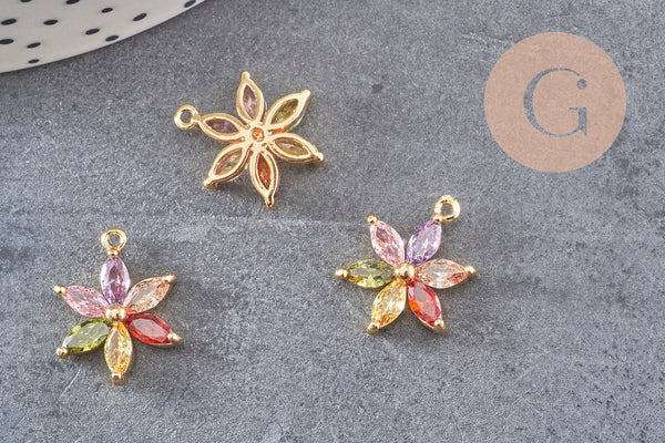 Pendentif fleur doré 24 carats zircon multicolore,pendentif doré cristal, 17mm, x1 (G5525)
