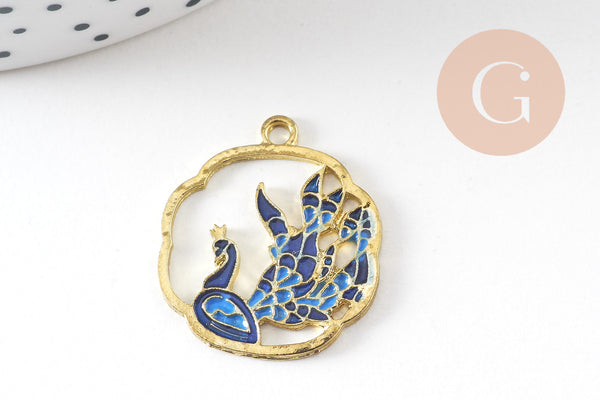 Pendentif fleur paon émail bleu zamac doré 25mm, x2 (G4276)