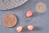 Pendentif fleur résine rose laiton doré 13mm, pendentif bourgeon fleur, x10 (G7087)