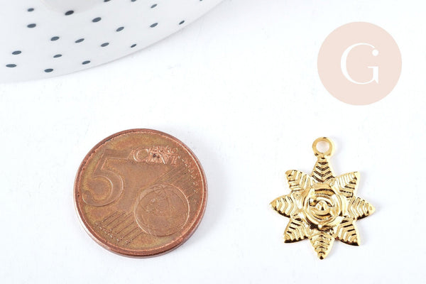 Pendentif fleur rose acier 304 inoxydable doré 23mm, x1 (G8731)