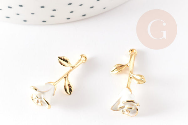 Pendentif fleur rose émail blanc, Pendentif laiton brut, bijou laiton,fleur laiton bijoux,pendentif laiton brut,27mm, x1 G6430