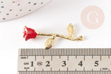Pendentif fleur rose émail rouge laiton brut 38mm, x1 (G5299)