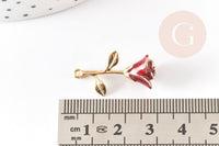 Pendentif fleur rose émail rouge laiton doré 27mm, x1 (G3245)