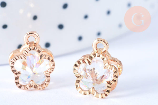 Pendentif fleur zamac doré zircon blanc 12mm,pendentif doré pour création de bijoux, x4 G7097